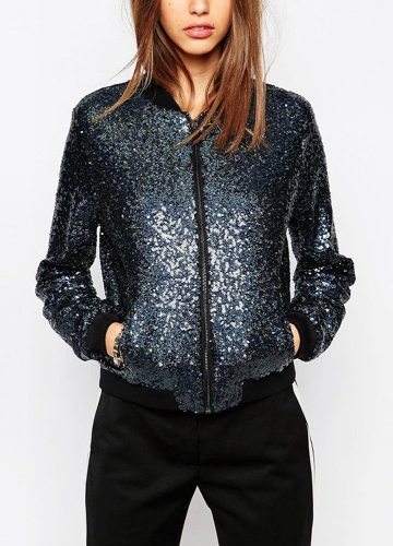 

Женщины Sequin Coat Bomber Jacket с длинным рукавом Застежка-молния Streetwear Casual Loose Glitter Outerwear Blue