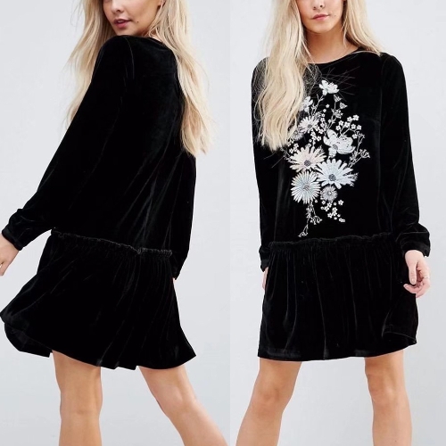 

Женщины Бархат Мини платье Цветочные вышивки с длинным рукавом Ruffled Pleated Loose Short Dress Black