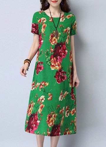 

Floral Print O-Neck Short Sleeve Casual Loose Retro Midi Dress