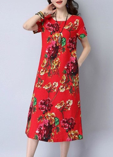 

Цветочная печать O-образным вырезом с коротким рукавом вскользь Loose Retro Midi Dress