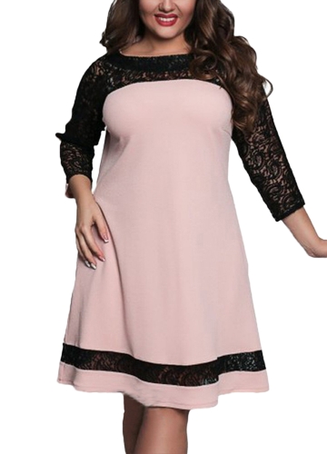 

Women Plus Size Dress Semi-sheer Lace Mesh Splice Contrast Color Elegant A-Line Party Swing Dress Dark Blue/Pink/Rose