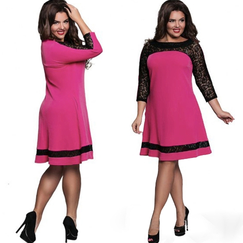 

Women Plus Size Dress Semi-sheer Lace Mesh Splice Contrast Color Elegant A-Line Party Swing Dress Dark Blue/Pink/Rose