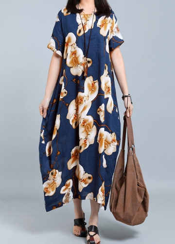

Summer Women Plus Size Casual Floral Print Loose Dress Short Sleeve Round Neck Pockets Oversize Long Dress Kaftan