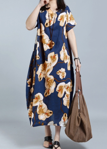 

Women Plus Size Floral Print Loose Short Sleeve Pockets Oversize Long Dress