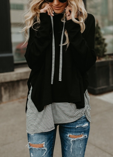 

Women Striped Hooded T-Shirt Long Sleeve Casual Hoodie Sweatshirt Drawstring Pullover Jumper Top Black