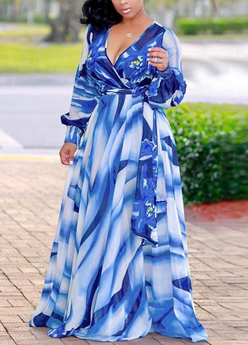

Sexy Women Maxi Dress Gradient Color Цветочные глубокие V шеи с длинным рукавом Slim Swing Long Dress
