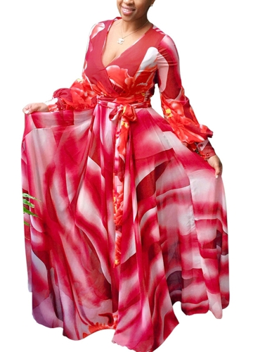 

Sexy Women Maxi Dress Gradient Color Цветочные Deep V шеи с длинным рукавом Slim Swing Long Dress Blue / Red