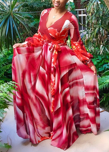

Sexy Women Maxi Dress Gradient Color Floral Deep V Neck Long Sleeve Slim Swing Long Dress