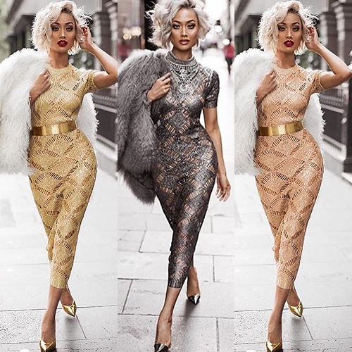 

Women Hollow Out Knitted Dress Short Sleeves Sheer See-through Midi Night Club Party Dress
