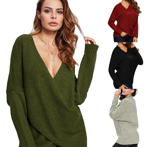 

New Women Loose Knitted Sweater Cross Deep V-Neck Long Sleeve Solid Pullovers Top Knitwear