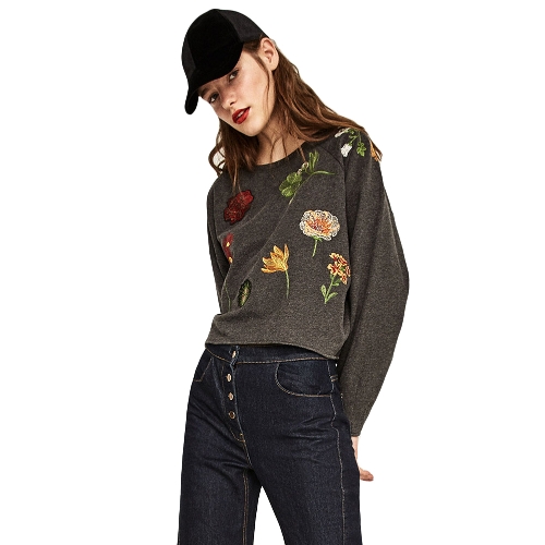 

Новые женщины Loose Sweatshirt Цветочные вышивки с длинными рукавами O-Шея Повседневный Pullover Crop Top Sweater