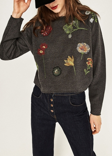 

Women Floral Embroidery Long Sleeves O-Neck Sweatshirt