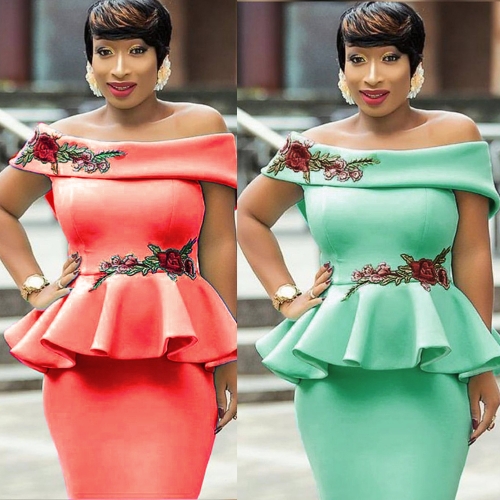 

Women Pencil Peplum Dress Embroidered Ruffles Off Shoulder Bodycon Slim Club Vestidos Dress Watermelon Red/Green