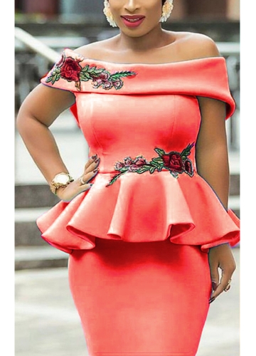 

Women Pencil Peplum Off the Shoulder Bodycon Ruffles Embroidered Dress