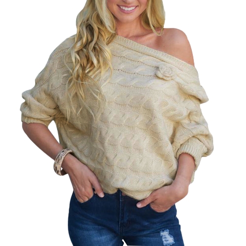 New Women Large Size Knitted Sweater Slash Neck Off the Shoulder Flare Sleeve Top Knitwear Beige/Purple