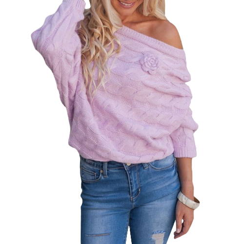 

Women Loose Knitted Sweater Slash Neck Off the Shoulder Flare Sleeve Knitwear