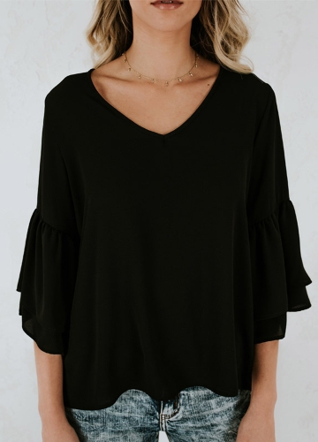 

Women Blouse Shirt Top V-Neck Ruffles Flare Sleeve Solid Loose Casual Top