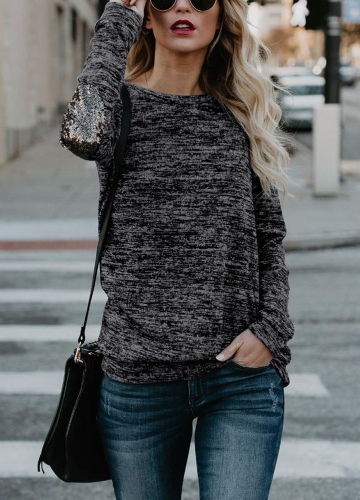 

Women Long Sleeve T-Shirt Sequin Patch O-Neck Contrast Casual Pullover Tops Tee
