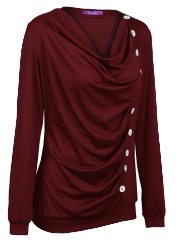 

New Fashion Women T-shirt Drape V Neck T-Shirt 10 Buttons Decoration Long Sleeve Tee Tops Pullover