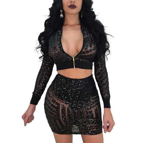 Conjunto de dos piezas de mujer Crop Top Mini Skirt con lentejuelas de manga larga brillante Bodycon Sexy Night Clubwear