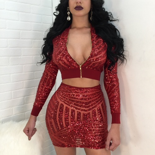 

Женщины Сексуальная сияющая блестящая длинная рукав Bodycon Two Piece Set