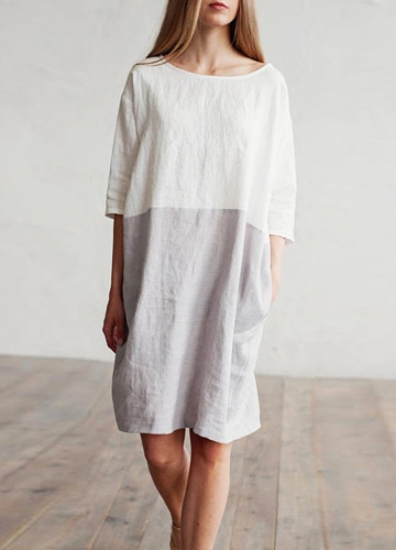 

Women Vintage Cotton Loose Dress Casual O-Neck Pockets Dress