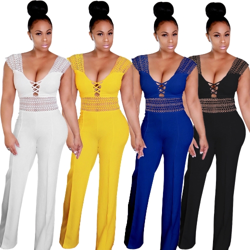 

Женские комбинезоны с длинным рукавом Deep V Neck Hollow Out Вязаные кружевные кружева с высокой талией Casual Playsuit Rompers