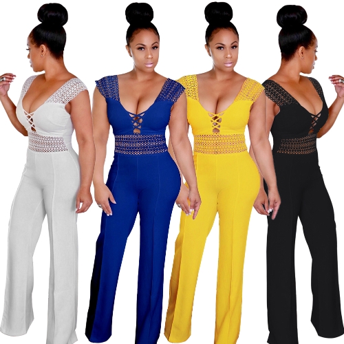 

Women Wide Leg Jumpsuit Deep V Neck Hollow Out Crocheted Lace High Waist Casual Playsuit Rompers
