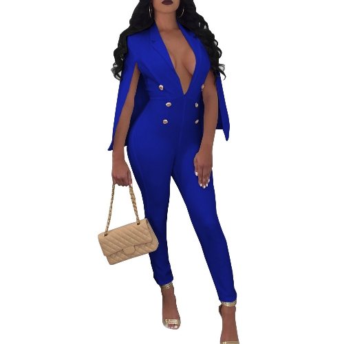 New Sexy Women V Neck Jumpsuit Buttons Cloak Cape Bodysuit Rompers Long Pants One Piece Overalls