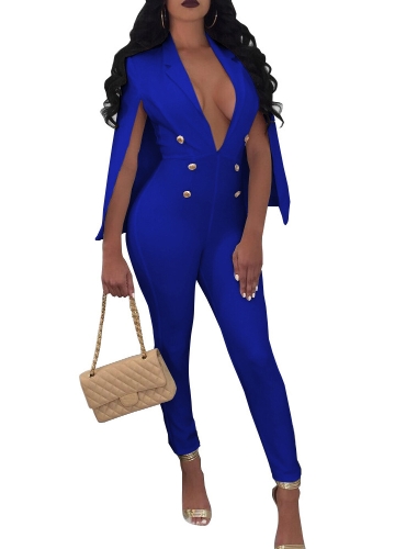 New Sexy Women V Neck Jumpsuit Buttons Cloak Cape Bodysuit Rompers Long Pants One Piece Overalls