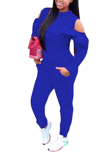 

Women Cold Shoulder Two-Piece Set O-Neck Long Sleeve Ruffle Top Pants Suit