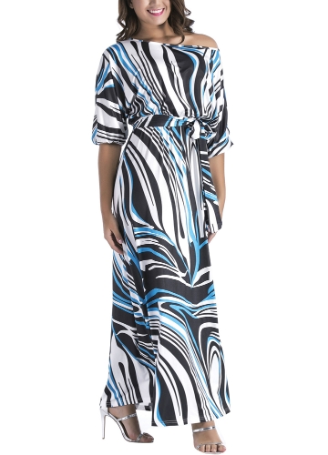 

Women Plus Size Dress Zebra Print Off the Shoulder Elastic Waist Belt Half Sleeves Maxi Long Dresses