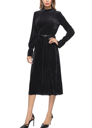 

Women Velvet Dress Stripe Belt Flare Long Sleeves Midi A-Line Dresses