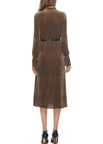 

Women Velvet Dress Stripe Belt Flare Long Sleeves Midi A-Line Dresses