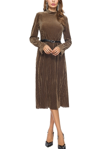 Women Velvet Dress Stripe Belt Flare Long Sleeves Midi A-Line Dresses