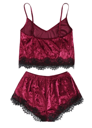 

Women Cami Top & Shorts Set Velvet V Neck Eyelash Lace
