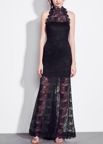 

Women Allover Lace Maxi Dress Lined Sleeveless Open Back Zipper