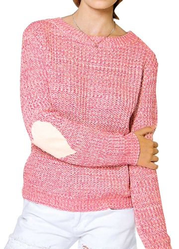 

New Women Loose Knitted Sweater Elbow Heart Patch Solid Long Sleeve Casual Knit Pullover Jumper