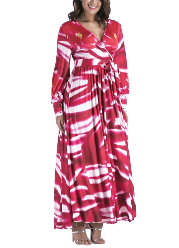 Women Pleated Maxi Dress in Print V-Neck Long Sleeve High Waist