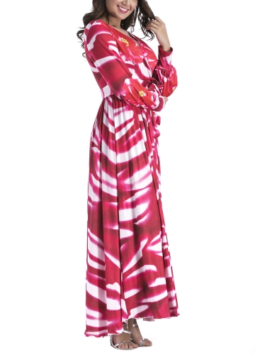 

Women Pleated Maxi Dress in Print V-Neck Long Sleeve High Waist