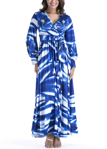 Women Pleated Maxi Dress in Print V-Neck Long Sleeve High Waist