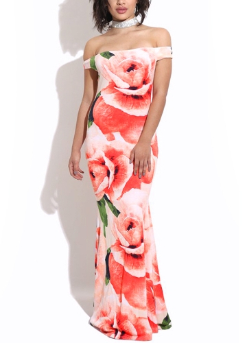 

Women Off the Shoulder Floor-Length Dress Rose Printed Elegant Bodycon Dress