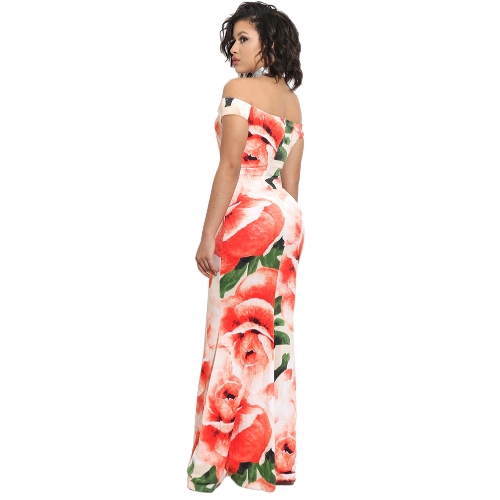

Women Sexy Off Shoulder Floor-Length Dress Rose Printed Elegant Bodycon Night Party Club Dress Watermelon Red