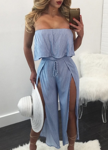 

Women Striped Jumpsuit Off the Shoulder Rompers Ruffle Boho Beach Overalls Playsuit
