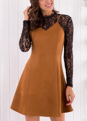 

Fake Suede Lace Splice Contrast Color Mini Dress
