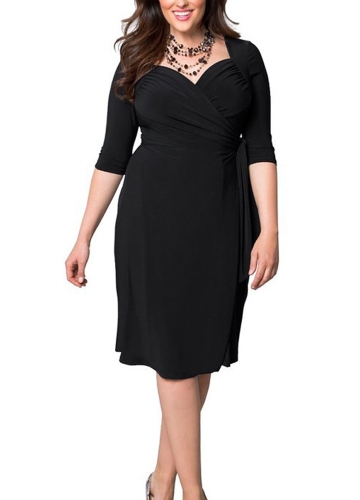 

Plus Size Cross Ruched Belt Half Sleeves Elegant Midi Dresses