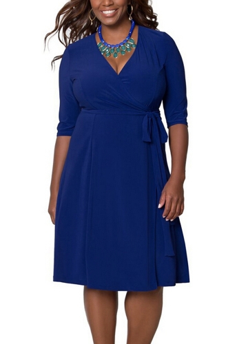 

Plus Size Cross Ruched Belt Half Sleeves Elegant Midi Dresses
