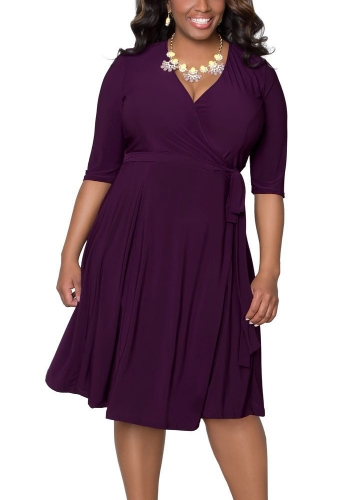

Plus Size Cross Ruched Belt Half Sleeves Elegant Midi Dresses
