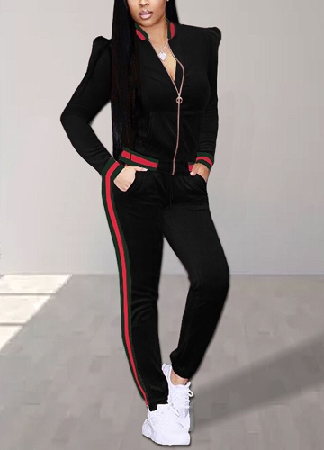 

Striped Zip Pockets Long Sleeves Casual Slim Sport Suit