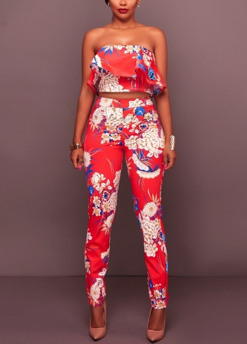 

Floral Print Ruffle Off the Shoulder Backless Fashion Women Two Piece Set